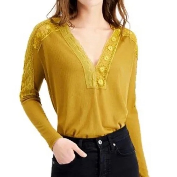 Free People Lola Lace Long Sleeve Top in Alchemy Mustard Gold Small Hi Lo - Picture 6 of 15
